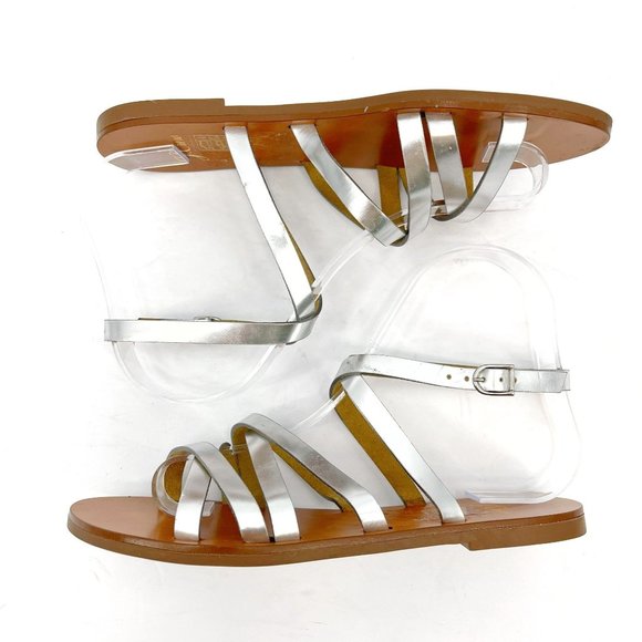 SOLD J. Crew Silver Mirror Metallic Leather Cross Strap Strappy Flat Sandals 6 - Picture 4 of 12